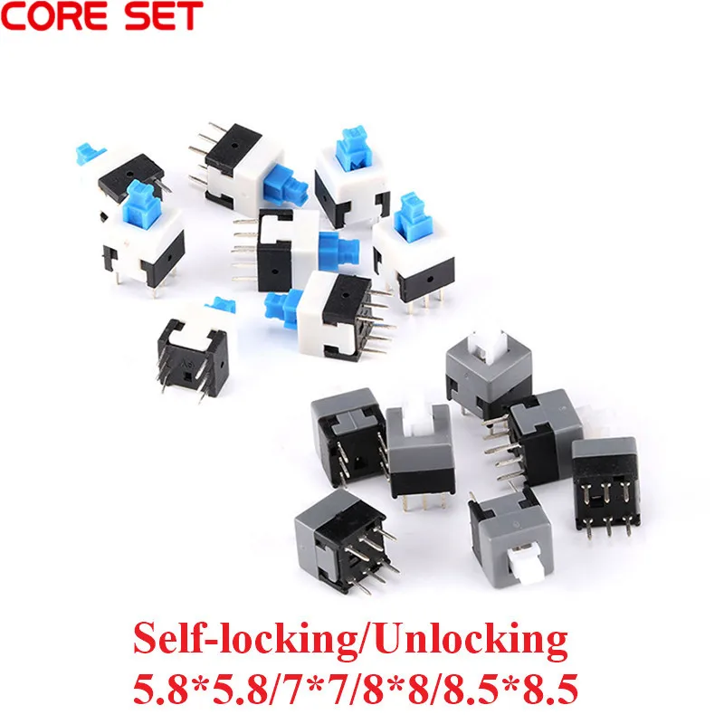 10 PEÇAS/LOTE 5.8x5.8 7x7 8x8 8.5x8.5mm Micro Interruptor Tátil de Botão com Travamento/Desbloqueio Automático de 6 Pinos