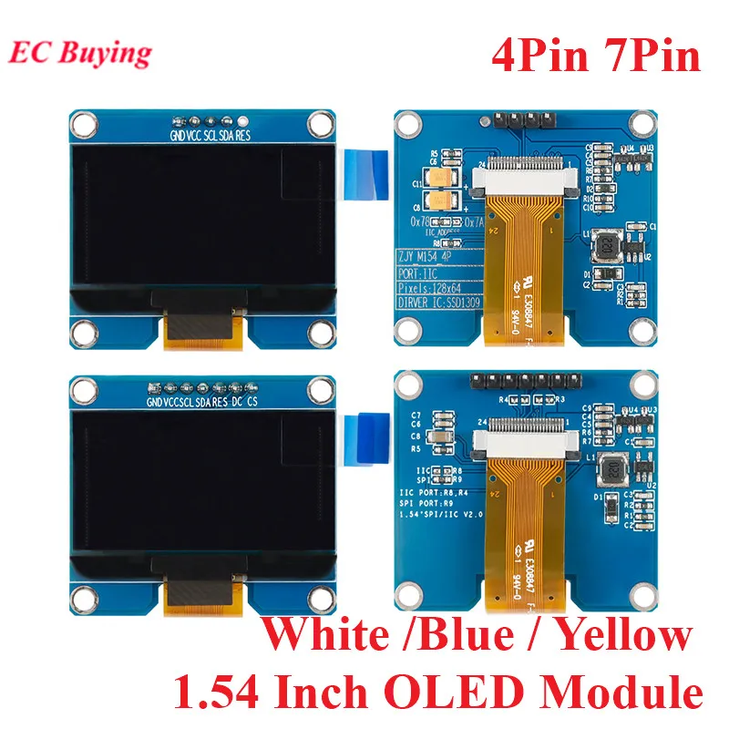 Módulo oled de 1.54 polegadas 1.54 "12864, tela lcd, módulo de exibição led 128*64 ssd1309 spi/iic interface i2c para arduino 4pin 7pin