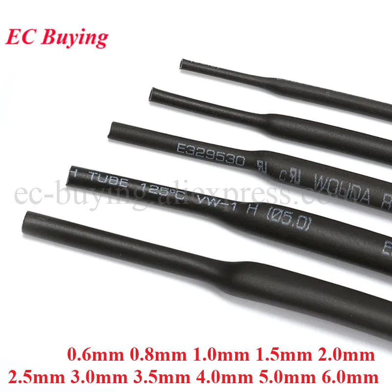Tubo Termoencolhível de 1 Metro 1M 0.6mm 0.8mm 1mm 1.5mm 2mm 2.5mm 3mm 3.5mm 4mm 5mm 6mm 2:1 Preto para Isolamento de Fios